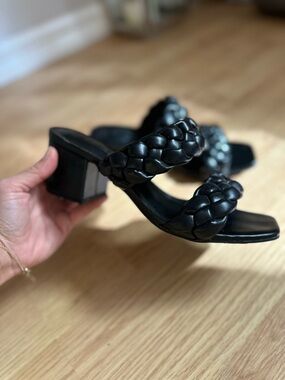 Black Braided Block Heel Slide Sandals - Women